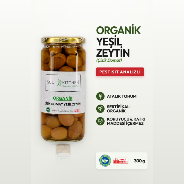 Organik Çizik Domat Yeşil Zeytin 300gr