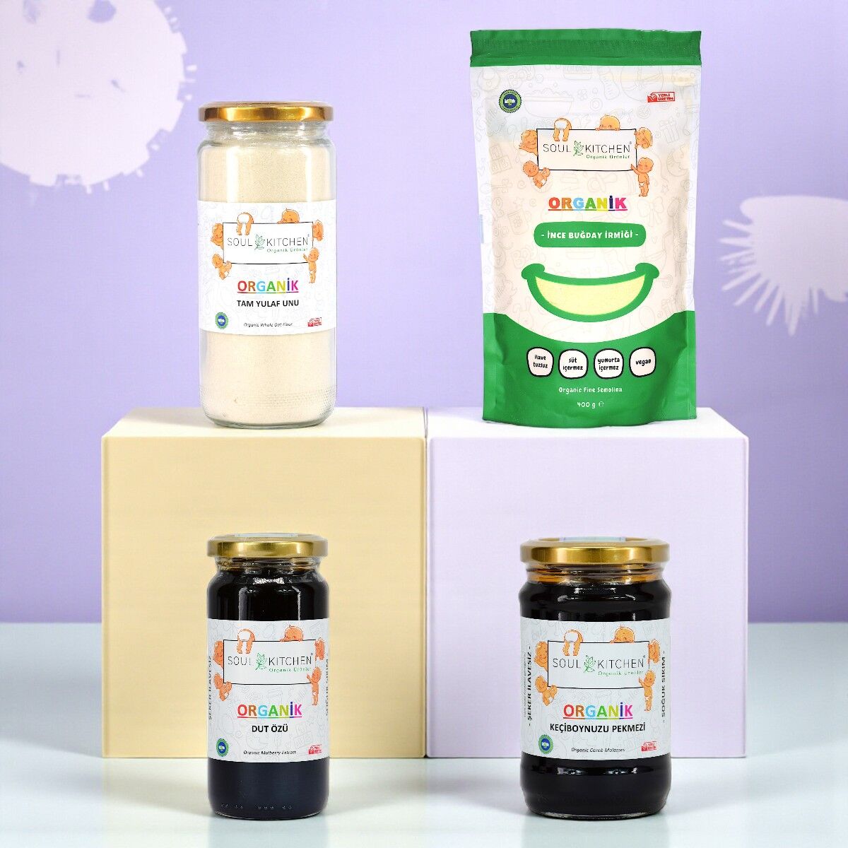 Organik Dut Özü + Organik Keçiboynuzu Pekmezi + Organik İnce Buğday İrmiği (bebek irmiği) + Organik Tam Yulaf Unu cam