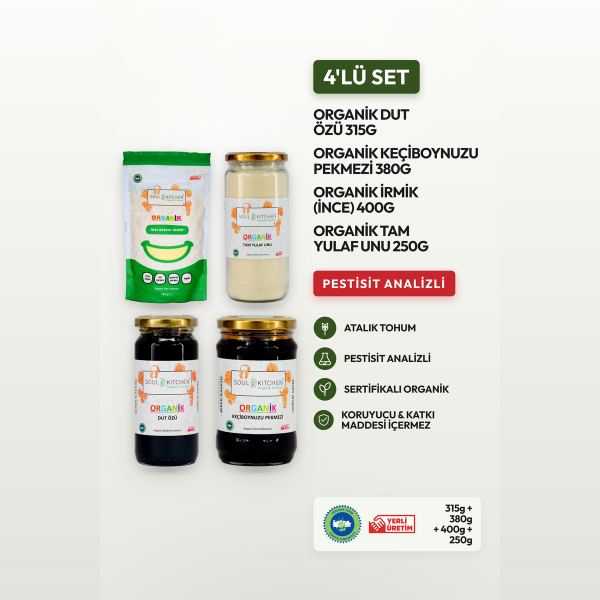 Organik Dut Özü + Organik Keçiboynuzu Pekmezi + Organik İnce Buğday İrmiği (bebek irmiği) + Organik Tam Yulaf Unu cam