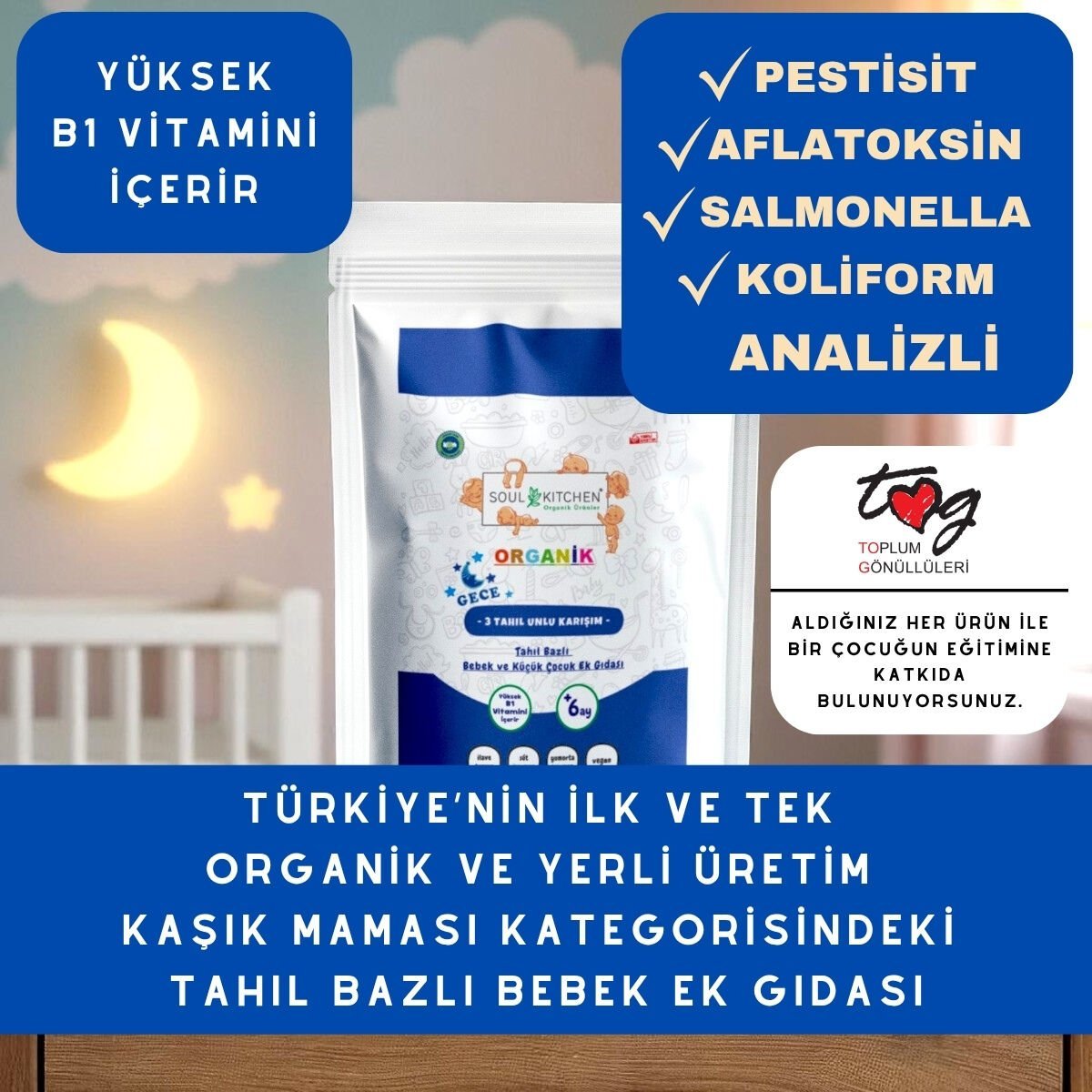 Organik 3 Tahıllı Gece Maması Tahıl Bazlı Bebek Ek Gıdası 250gr (B1 VİTAMİNLİ)