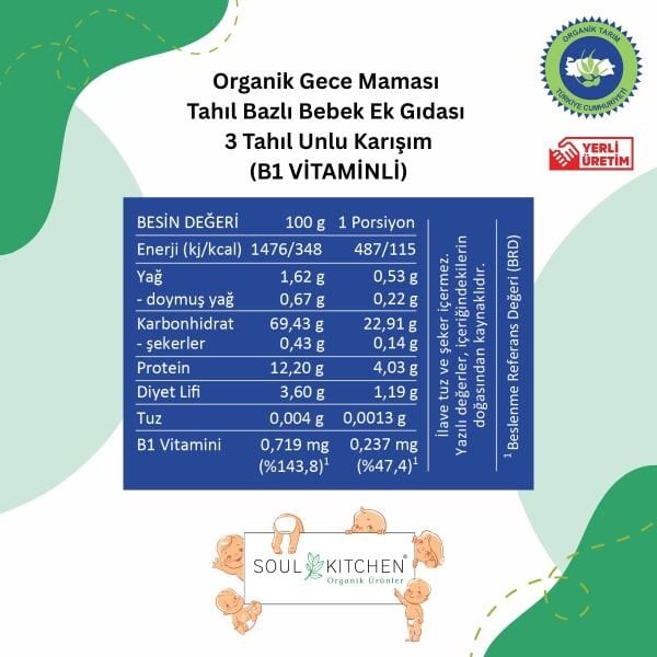 Organik 3 Tahıllı Gece Maması Tahıl Bazlı Bebek Ek Gıdası 250gr (B1 VİTAMİNLİ)
