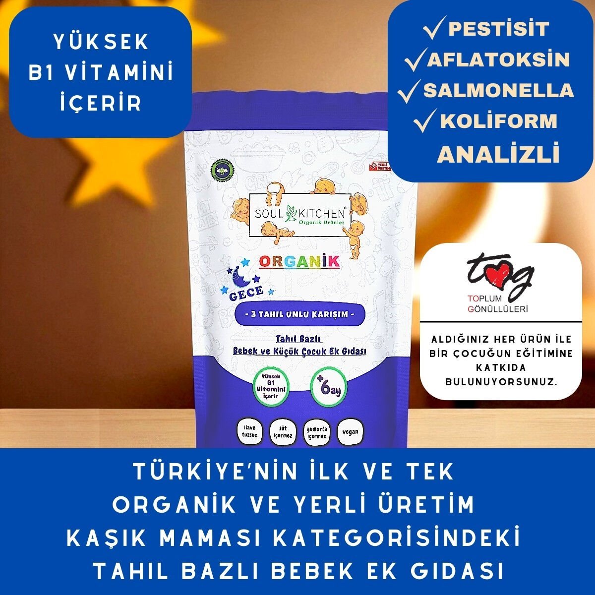 Organik 3 Tahıllı Gece Maması Tahıl Bazlı Bebek Ek Gıdası 250gr (B1 VİTAMİNLİ)