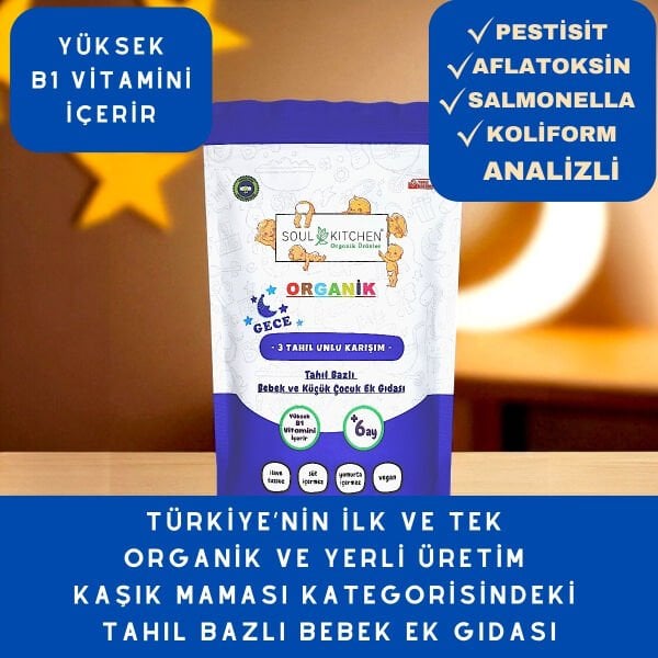 Organik 3 Tahıllı Gece Maması Tahıl Bazlı Bebek Ek Gıdası 250gr (B1 VİTAMİNLİ)