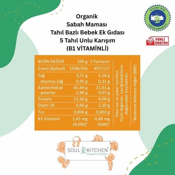 Organik 5 Tahıllı Sabah Maması Tahıl Bazlı Bebek Ek Gıdası 250gr (B1 VİTAMİNLİ)