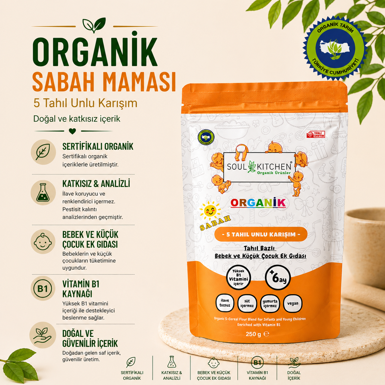 Organik 5 Tahıllı Bebek Sabah Kaşık Maması 250gr (B1 VİTAMİNLİ)