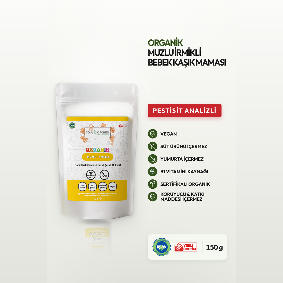 Organik Muzlu İrmikli Bebek Kaşık Maması 150 g B1 Vitaminli Sertifikalı Analizli