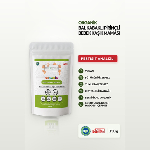 Organik Bal Kabaklı Pirinçli Bebek Kaşık Maması 150 g B1 Vitaminli Sertifikalı Analizli