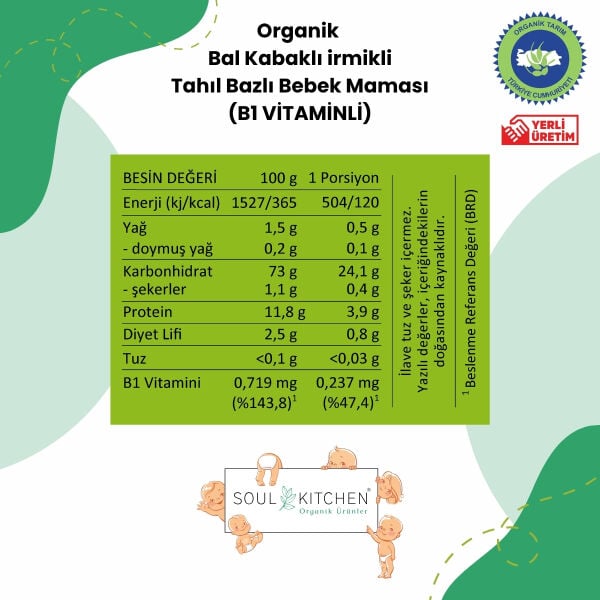 Organik Bal Kabaklı İrmikli Bebek Kaşık Maması 150 g B1 Vitaminli Sertifikalı Analizli