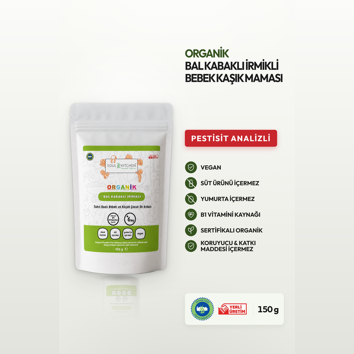 Organik Bal Kabaklı İrmikli Bebek Kaşık Maması 150 g B1 Vitaminli Sertifikalı Analizli