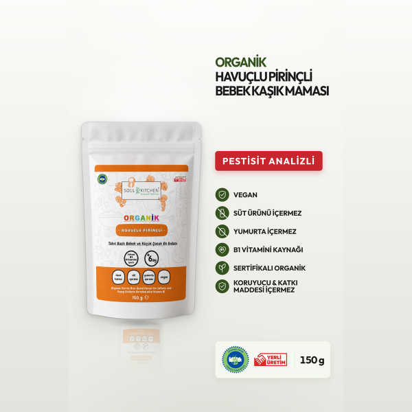 Organik Havuçlu Pirinçli Bebek Kaşık Maması 150 g B1 Vitaminli Sertifikalı Analizli