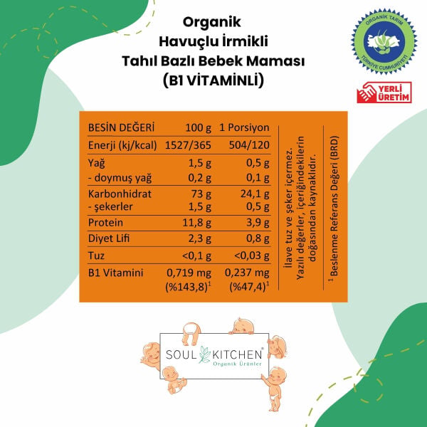 Organik Havuçlu İrmikli Bebek Kaşık Maması 150 g B1 Vitaminli Sertifikalı Analizli